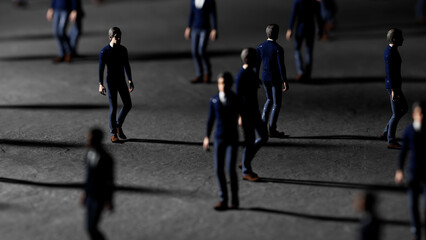 Numerous businesspeople figurines walking on a dark surface symbolize key concepts of business, work, society, and career, reflecting ambition and the pursuit of success