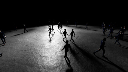 Groups of businessmen walking toward a bright light in a dimly lit room, casting long shadows across the floor, symbolize hope and the pursuit of future success and achievement