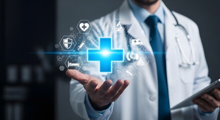 Doctor presents healthcare technology advancement with futuristic interface and medical icons shining above open hand showing digital health innovations.