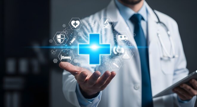 Doctor presents healthcare technology advancement with futuristic interface and medical icons shining above open hand showing digital health innovations.