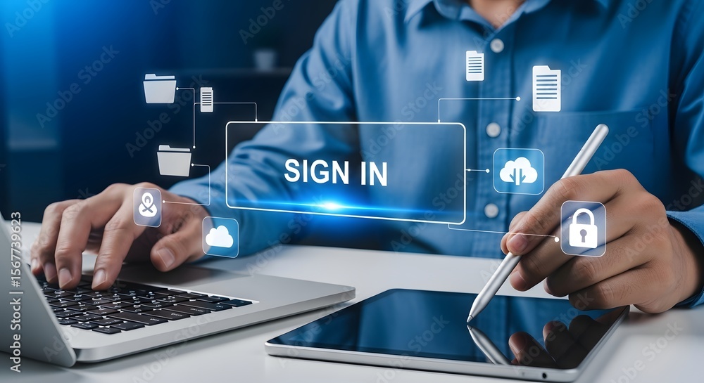Aufkleber person using laptop and tablet for digital login, demonstrating modern technology, cloud computing a
