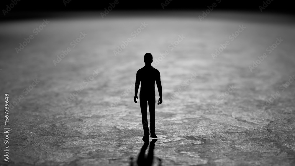 Poster black and white image representing a silhouette of a man standing on a rough surface. possibly repre