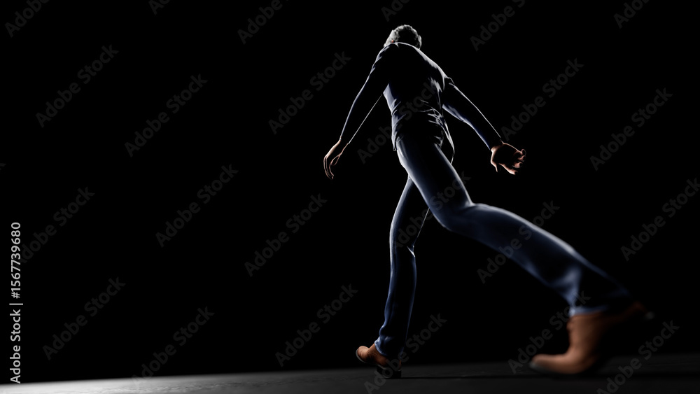 Poster man running into darkness with a door left ajar, creating a dramatic and mysterious atmosphere fille