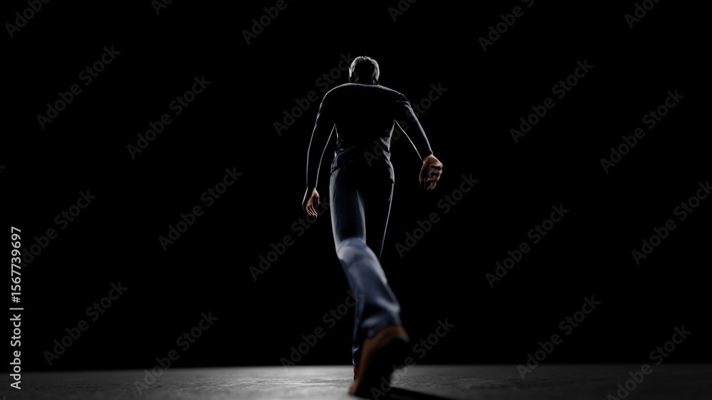 Poster man walking away from the light into the darkness in a wide empty room with a concrete floor, creati