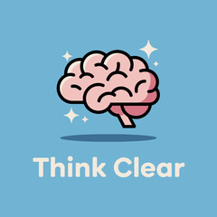 A stylized pink brain illustration with sparkling stars and the text think clear against a light blue background symbolizing mental clarity and bright ideas