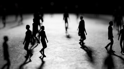 Silhouettes of miniature people walking on a textured surface create a dramatic and mysterious atmosphere, evoking themes of anonymity, community, and the journey of life