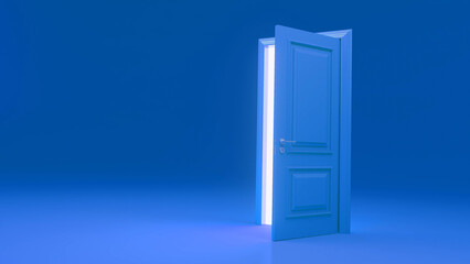 Slightly open blue door revealing bright white light in empty dark blue room, creating a hopeful and dreamy atmosphere, perfect for concepts related to opportunity, new beginnings, and the future