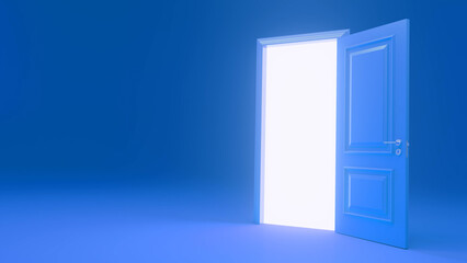 Bright light streaming through an open door into a blue room, symbolizing opportunity, hope, and new beginnings while inviting exploration of the future and its endless possibilities