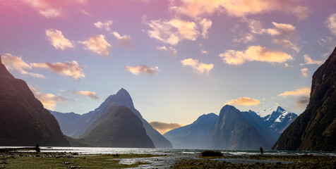 The evening view with Mitre Peak, Milford Sound, New Zealand ,Fiordland national park