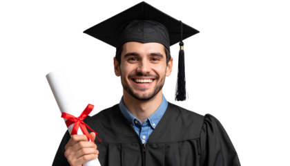 Casual Laughing Graduate Student with Scroll in Hand Transparent Background PNG