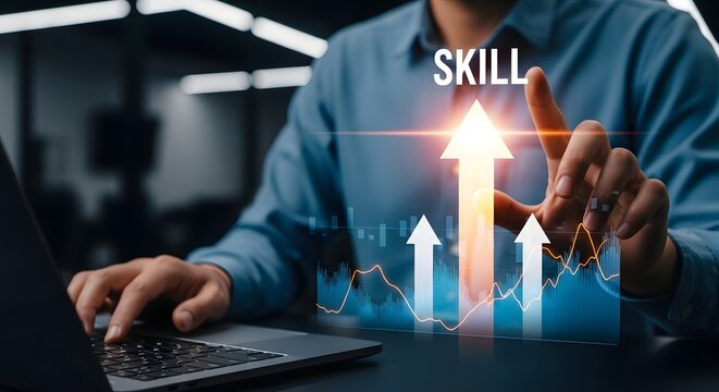 Business professional shows skill growth with chart arrows, highlighting potential for development and advancement through learning on a laptop.