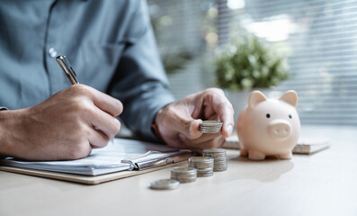 Piggy bank saving money concept. Finance banking plan. Financial save planning. Saving money plan.
