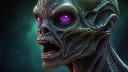 Terrifying alien face illustration with intense expression and eerie features emerging from darkness evoking fear mystery and science fiction horror in a surreal extraterrestrial atmosphere