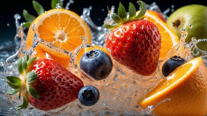 Fresh fruit splashing into colorful liquid capturing motion energy and juicy texture in a vibrant composition ideal for food beverage and summer-themed visual concepts