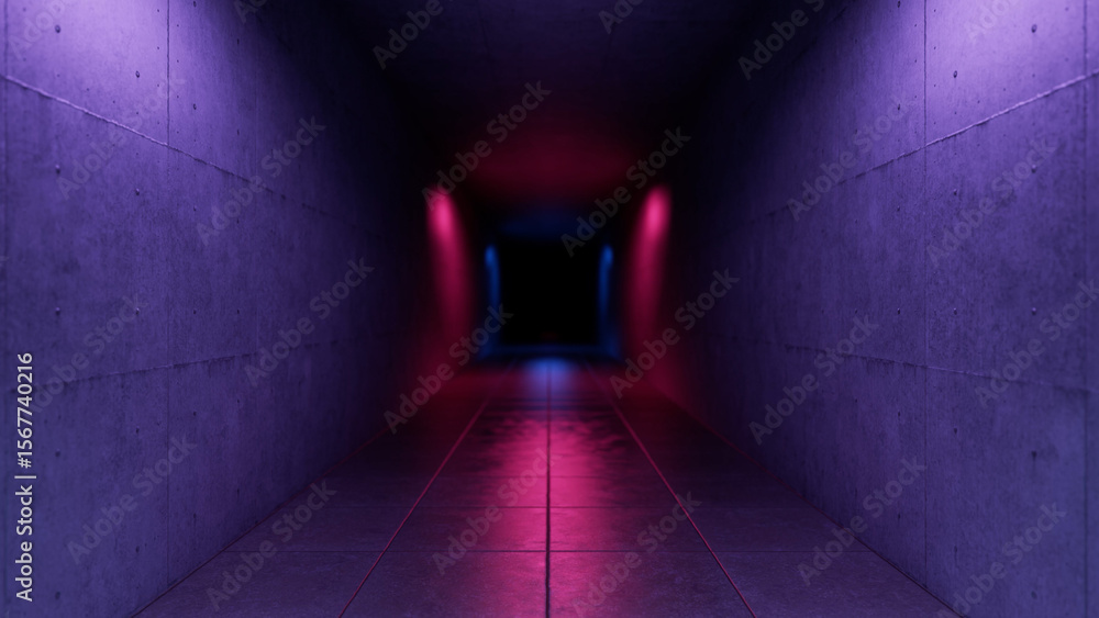 Poster pink and blue neon lights illuminate a long empty corridor with concrete walls and tiled floor, crea