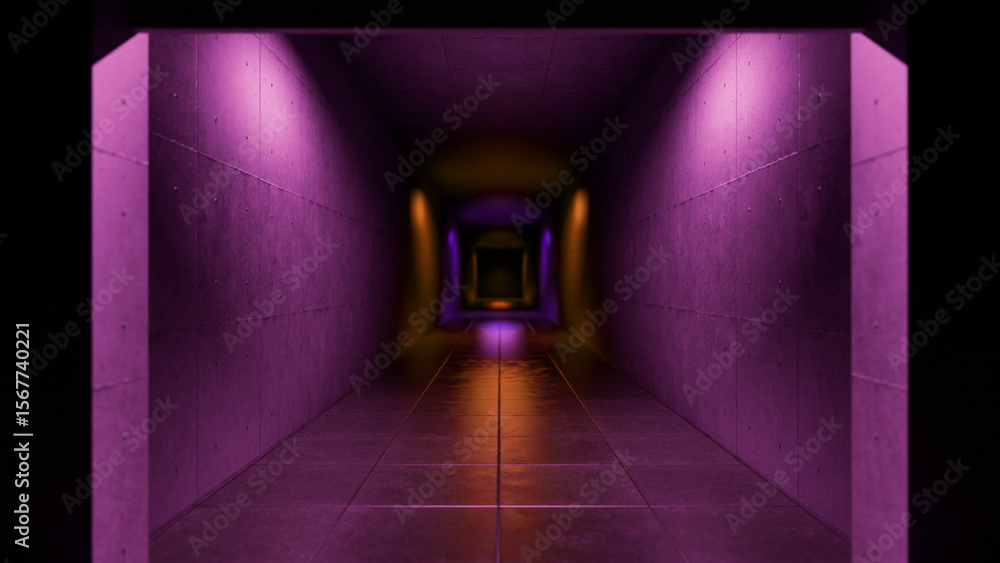Poster purple and orange lights illuminate a long concrete corridor, creating a futuristic and mysterious a
