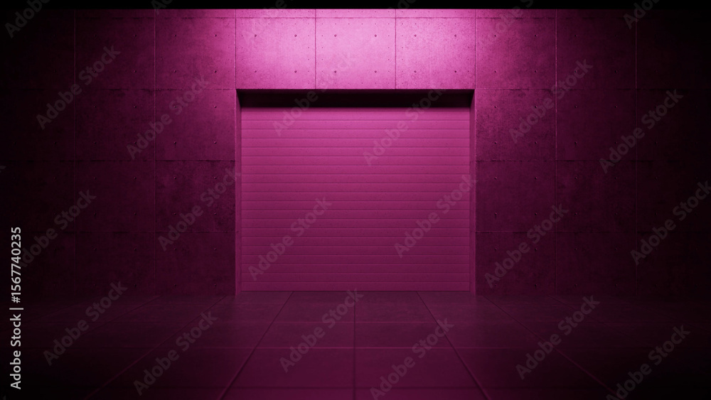 Poster closed pink metallic shutter door in an empty concrete room with a tiled floor illuminated by two sp
