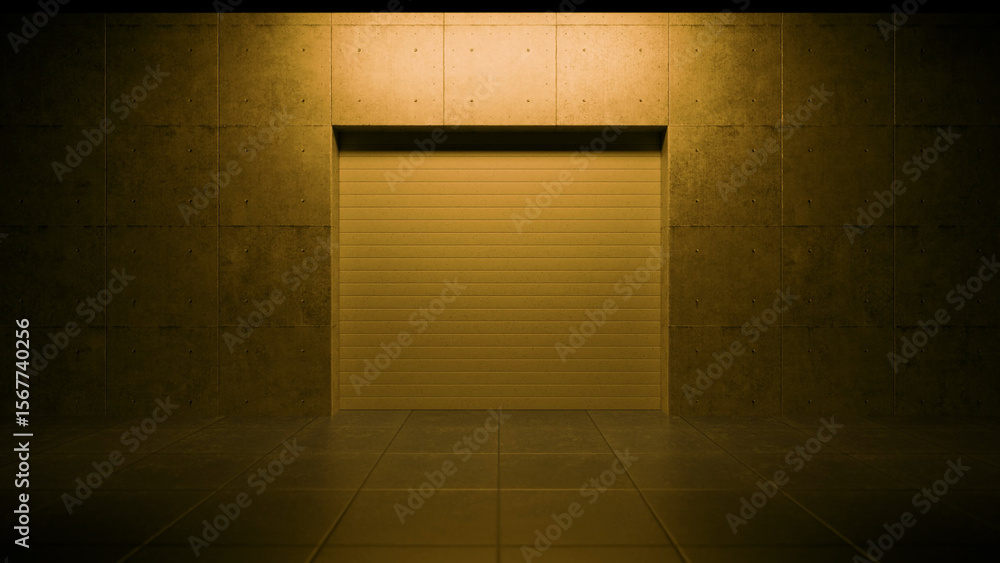 Poster closed roller shutter door casting soft light across a concrete garage at night, enhancing a mysteri