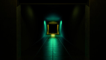 Green and yellow lights illuminate a dark corridor with a shiny tiled floor, creating an eerie atmosphere and leading to an unseen area, evoking mystery and suspense