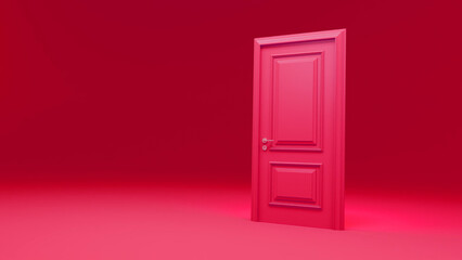 Closed pink door standing in an empty room, set against a monochrome red background, evoking feelings of mystery, new opportunities, and choices waiting to be made