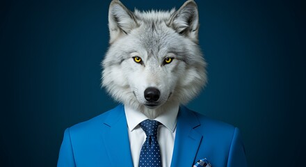 A wolf's head on a human body wearing a blue suit and polka dot tie stares intently.