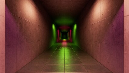Green and pink lights illuminate a long concrete corridor, creating a futuristic and evocative atmosphere, ideal for backgrounds and projects related to technology, mystery, and the unknown