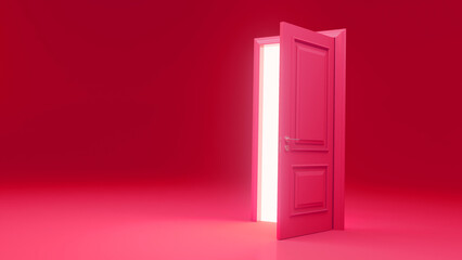 Slightly opening a pink door, revealing a bright white light in an empty pink room, symbolizes hope, opportunity, and the promise of new beginnings and possibilities