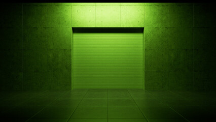 Closed green metallic shutter door of an underground garage with concrete walls illuminated by green light creates a mysterious and intriguing atmosphere
