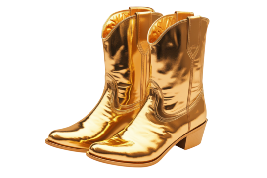 Golden Cowboy Boots Shiny Metallic Footwear Western Fashion Elegant Style Vintage Glamour on transparent background