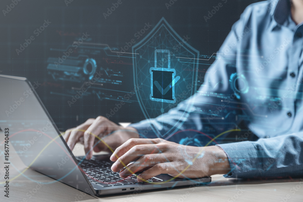 Poster cybersecurity crime firewall. cyber security threat privacy protection. password key identity intern