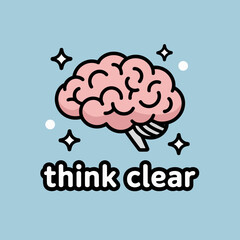 A cute cartoon illustration of a pink brain with the words think clear below it surrounded by sparkles and dots on a light blue background