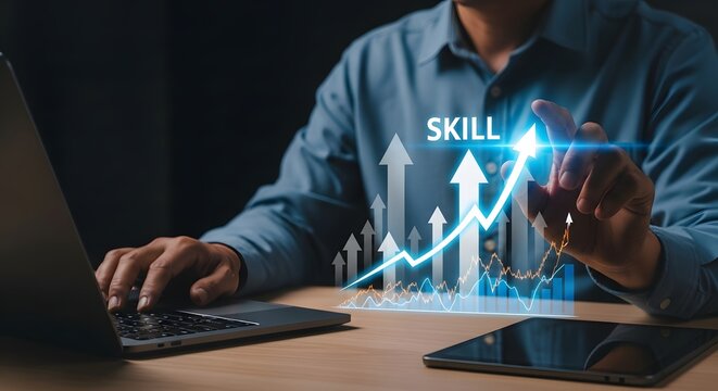Business professional analyzing skill growth, using a laptop to improve knowledge and career development through online courses and technological advancement.