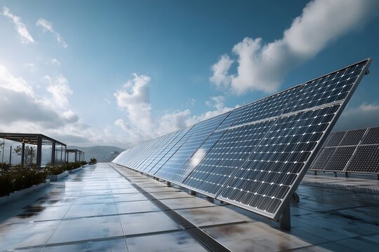 Contemporary solar installation on a residential roof under open blue sky. Daylight scene with space for text. Green energy and efficiency theme.