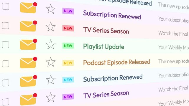 Entertainment and Streaming emails scrolling in list close up 4k animation. Subscription renewal, playlist