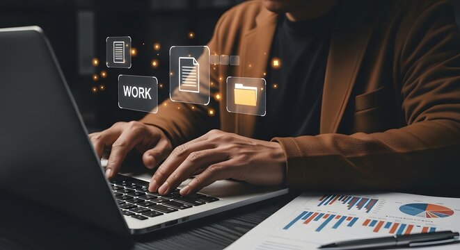 Man types on laptop with document management system interface showing data flow and efficient workflow enhancing company productivity