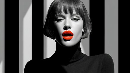 High fashion woman in black turtleneck with red lips and bob haircut posing against vertical black and white striped background – dramatic monochrome portrait with bold beauty contrast - Powered by Adobe