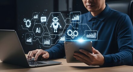 Asian man uses laptop and tablet surrounded by AI and data icons for digital transformation in the modern workplace