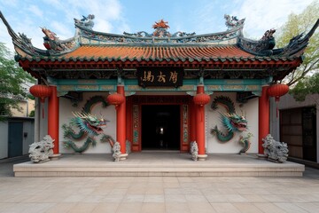 Naklejka premium Historic Chinese Temple Roof with Colorful Dragon Sculptures