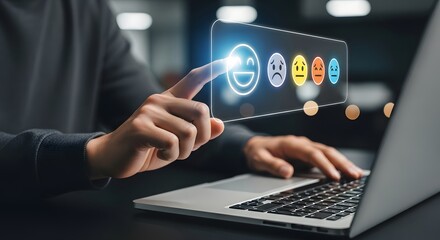 Fototapeta premium Man chooses happy emoji on a digital interface indicating positive customer feedback on a laptop for online survey satisfaction.