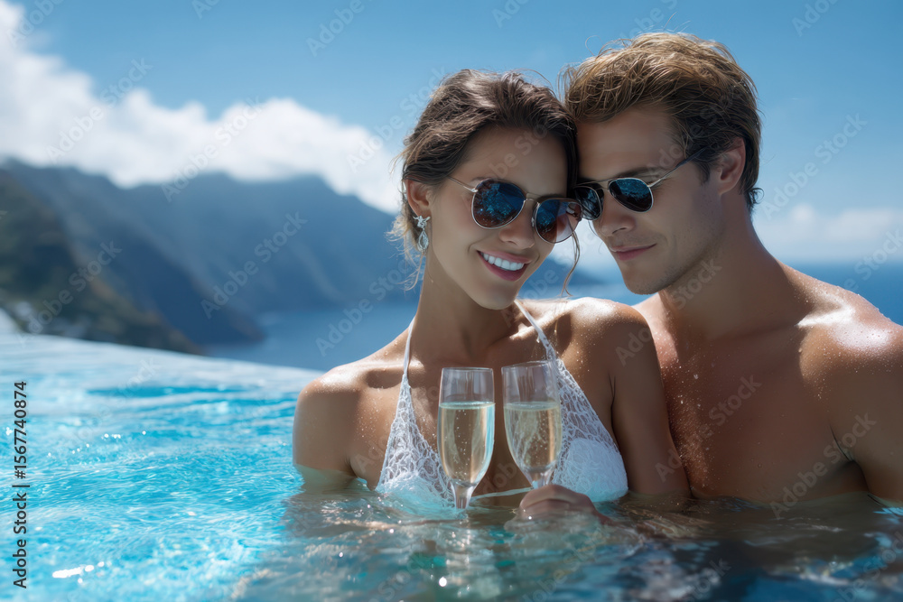 Poster couple enjoys sparkling drinks while relaxing in a beautiful infinity pool with mountain views