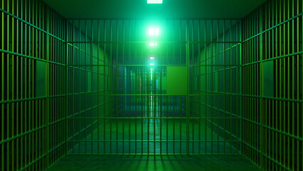 Rows of imposing green prison bars and doors form a long, narrow corridor, illuminated by bright lights, evoking a sense of confinement and isolation