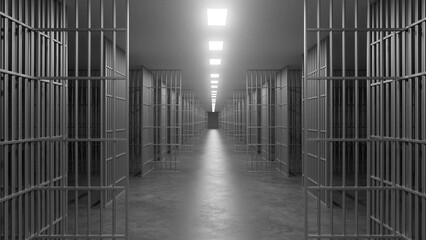 Long, empty corridor inside a prison, featuring rows of metal bars and solid doors, illuminated by harsh ceiling lights, evoking feelings of confinement and isolation