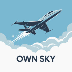 Modern jet airplane soaring through a clear blue sky above fluffy white clouds leaving a trail of stars and speed lines with the words own sky below
