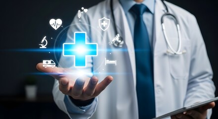 Healthcare professional presenting medical technology icons in a modern, innovative digital health concept with a medical cross.