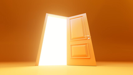 Minimalist orange door slightly open revealing an intense white light in a mysterious orange room, creating a concept of hope, opportunity, and new beginnings