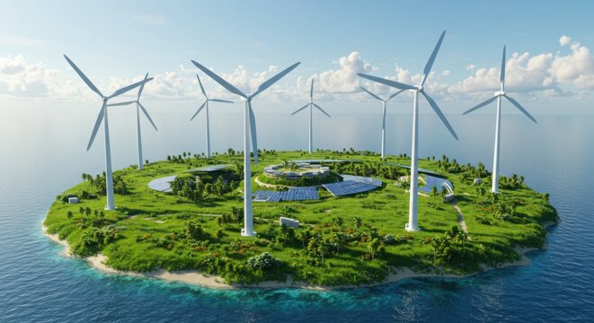 Floating green island with wind turbines and solar panels - Powered by Adobe