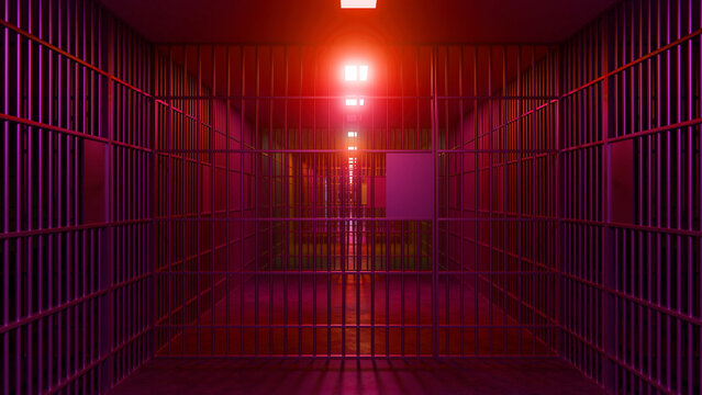 Jail corridor featuring rows of cells illuminated by striking purple reddish neon lights, creating a dramatic and oppressive atmosphere filled with confinement and despair