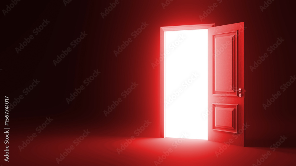 Poster slightly open red door letting a bright white light illuminate a dark room, creating a mysterious an