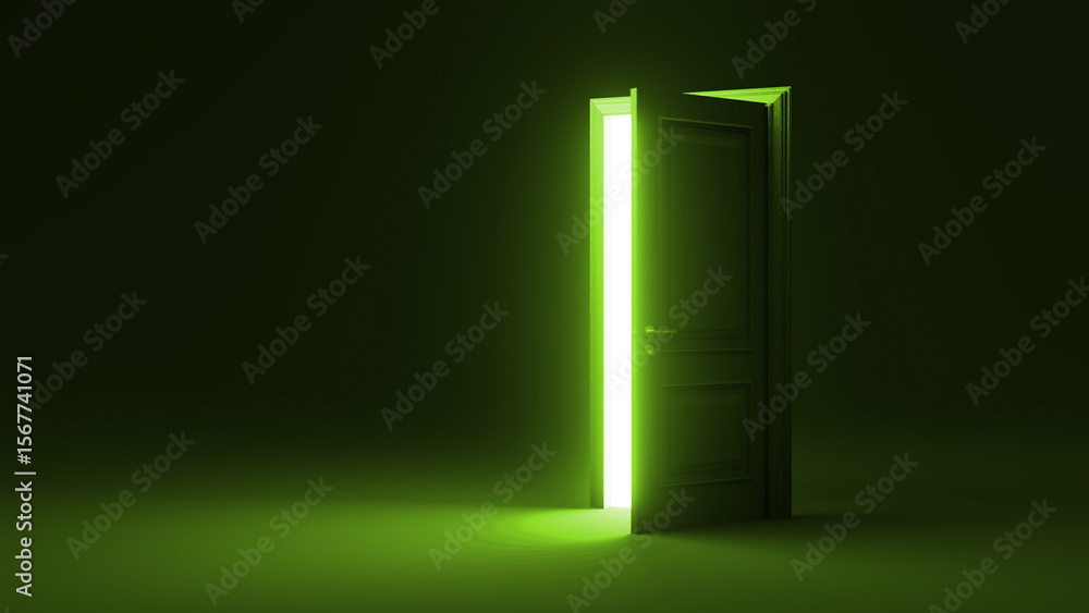 Poster slightly open classic door revealing an intense green light, illuminating a dark room and creating a