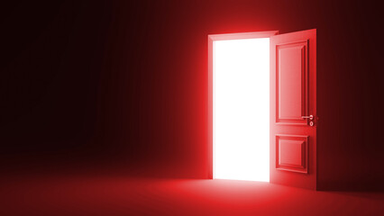 Slightly open red door letting a bright white light illuminate a dark room, creating a mysterious and surreal atmosphere with high contrast and intense colors